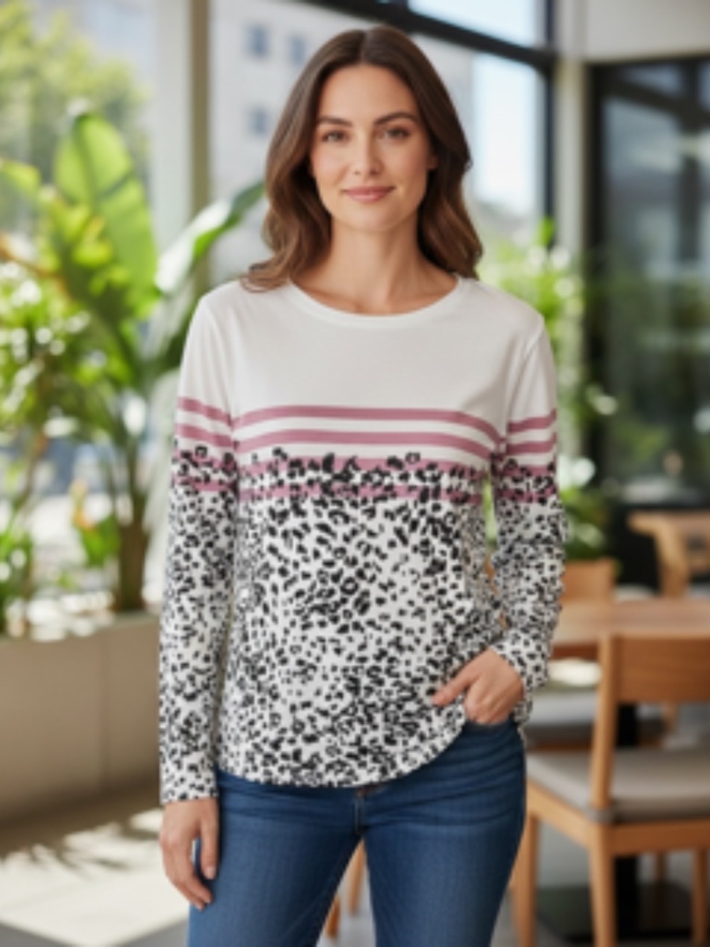 Loft Outlet Long Sleeve Horizontal Stripe & Animal Print Top Size M